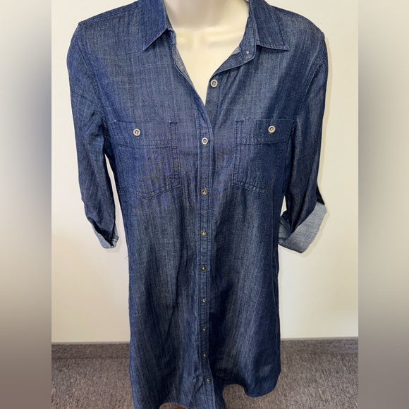 Banana Republic (0) Blue Button Up ¾ Sleeve Midi Dress - Picture 3 of 6